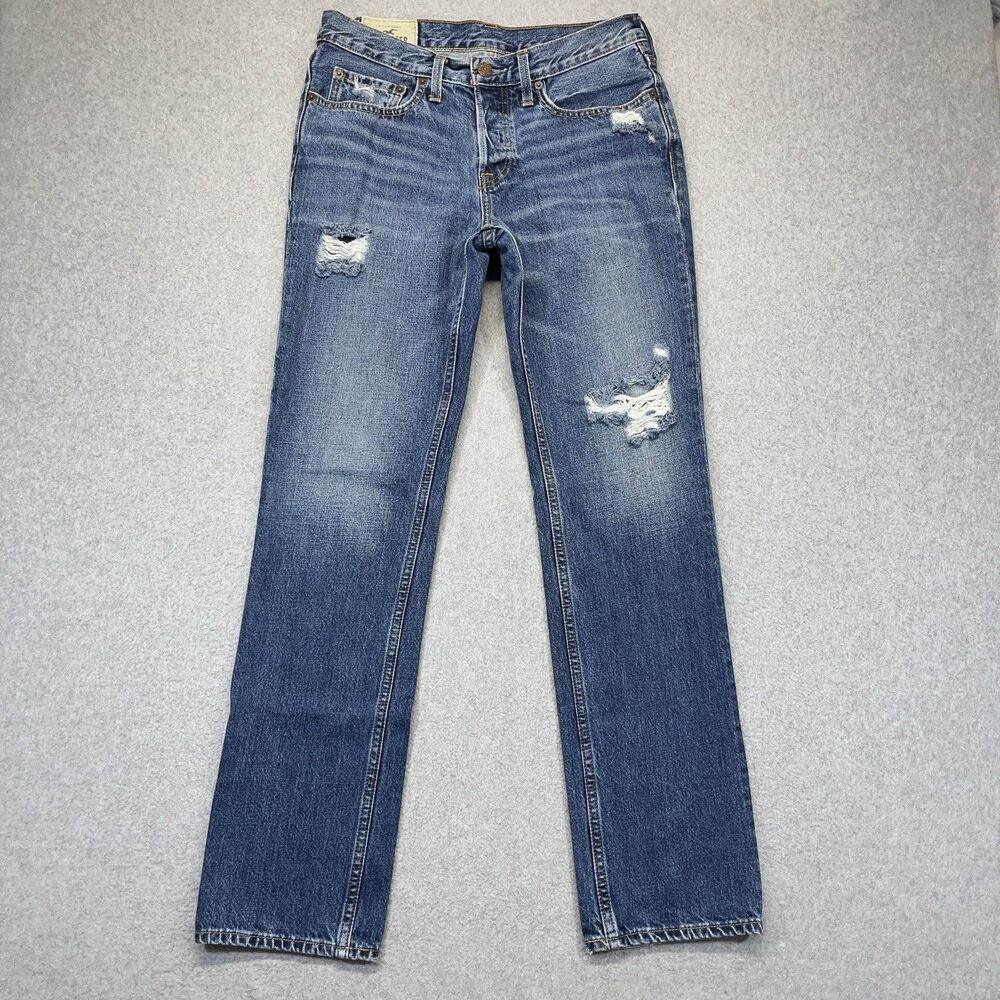 Hollister Slim Straight Jeans Men’s 31x32 Blue Medium Wash Button Fly Distressed